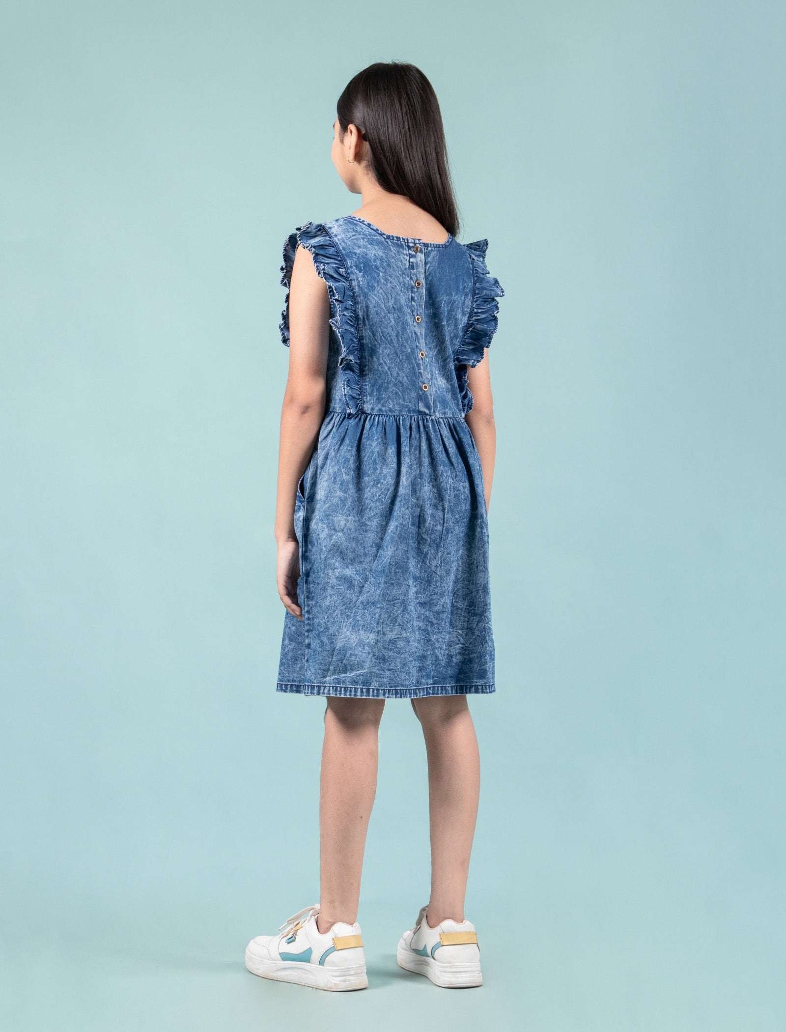 Premium Girls Kids Denim Frill Dress (Dark Blue) - Tweeny Mini