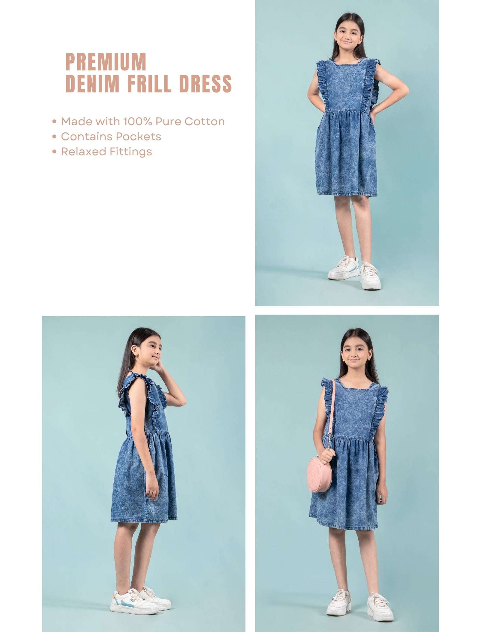 Premium Girls Kids Denim Frill Dress (Dark Blue) - Tweeny Mini