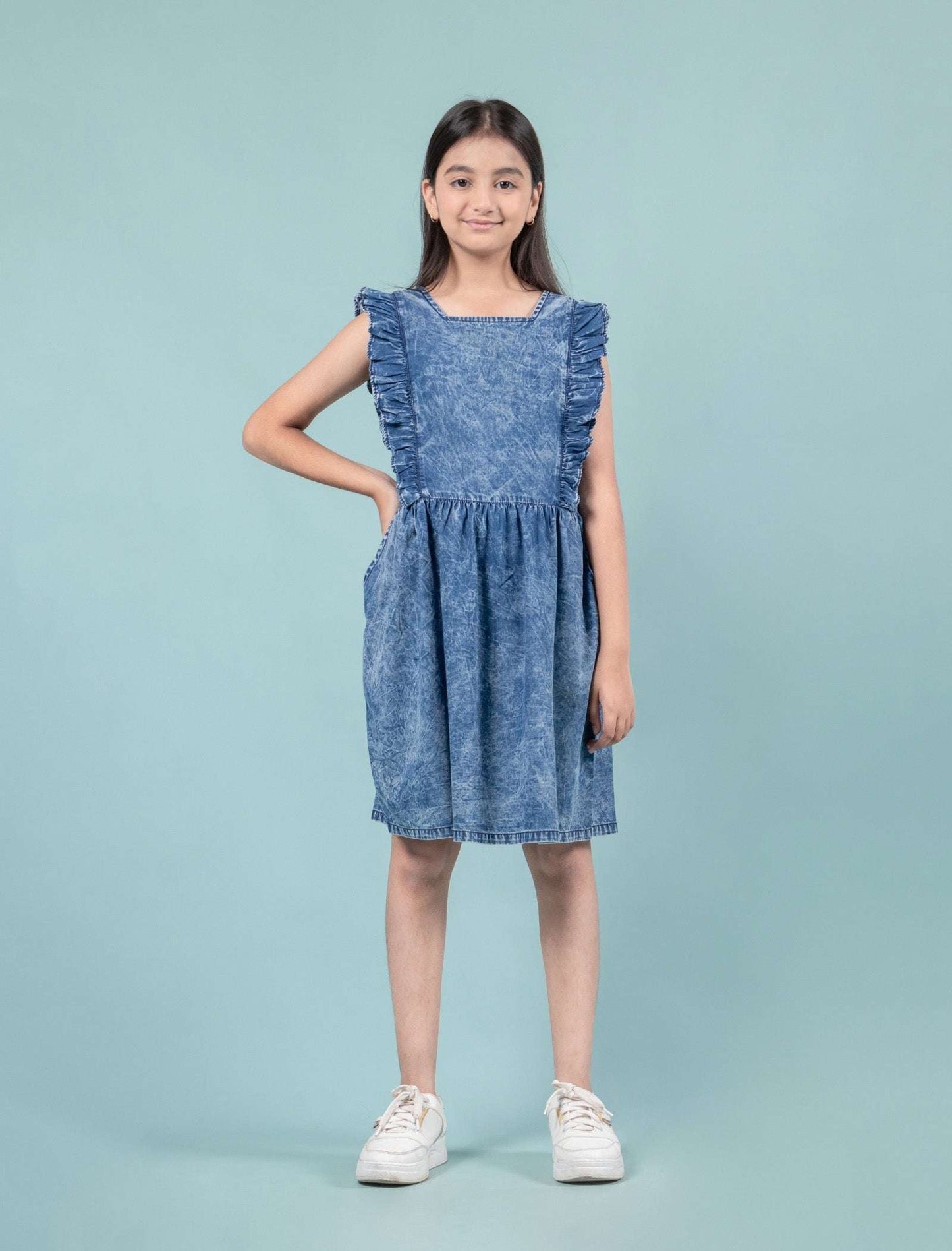 Premium Girls Kids Denim Frill Dress (Dark Blue) - Tweeny Mini