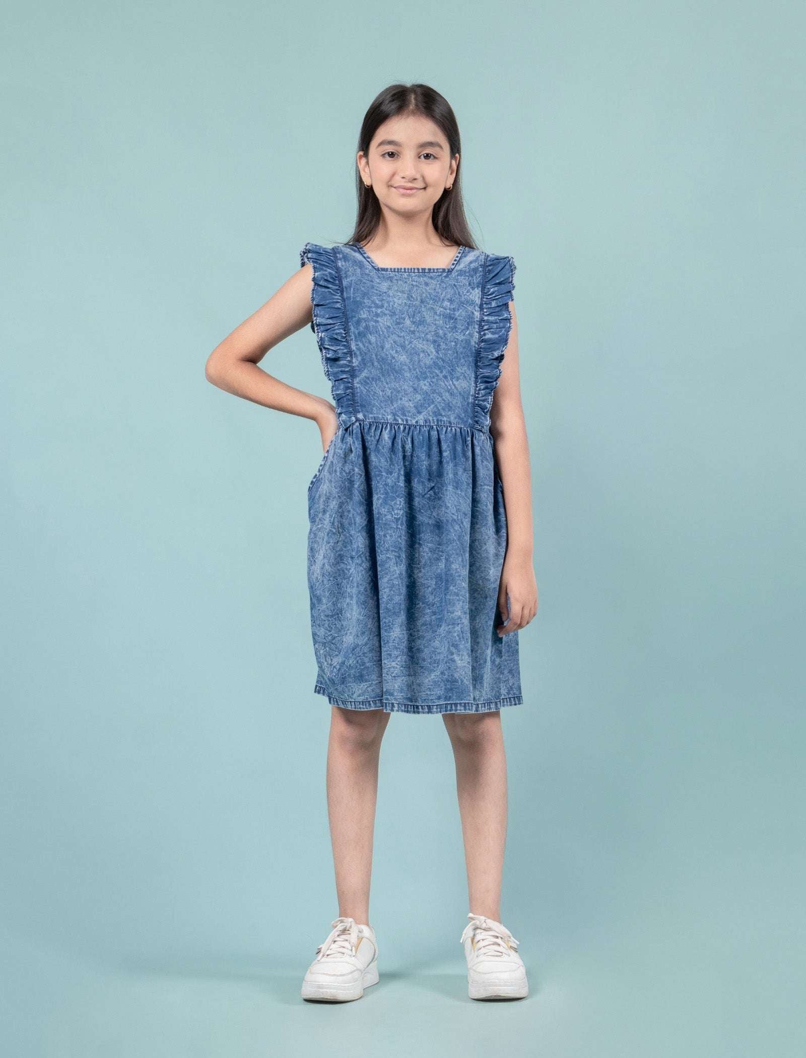 Premium Girls Kids Denim Frill Dress (Dark Blue) - Tweeny Mini