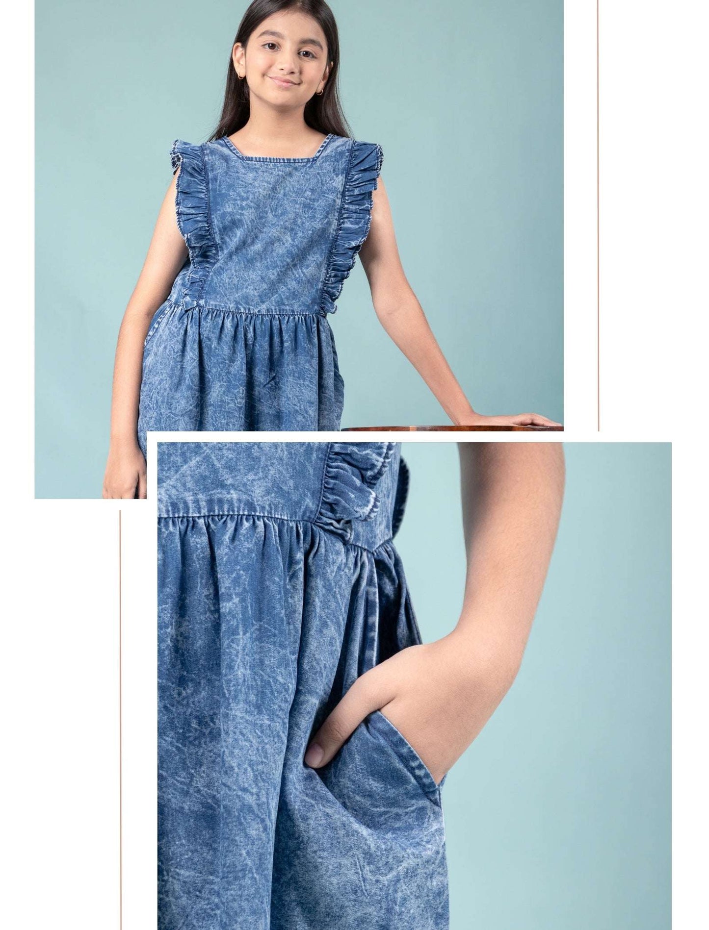 Premium Girls Kids Denim Frill Dress (Dark Blue) - Tweeny Mini