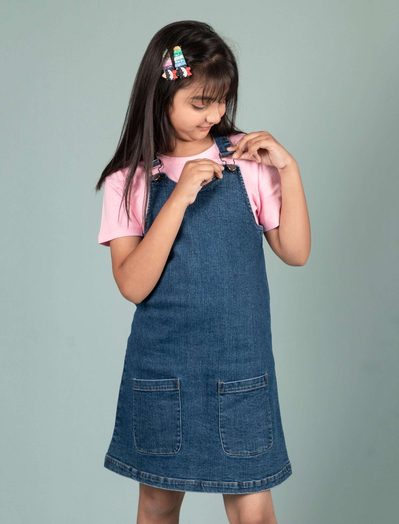 Classic Denim Pinafore Dress for Kids Girls with T-shirt (Blue) - Tweeny Mini