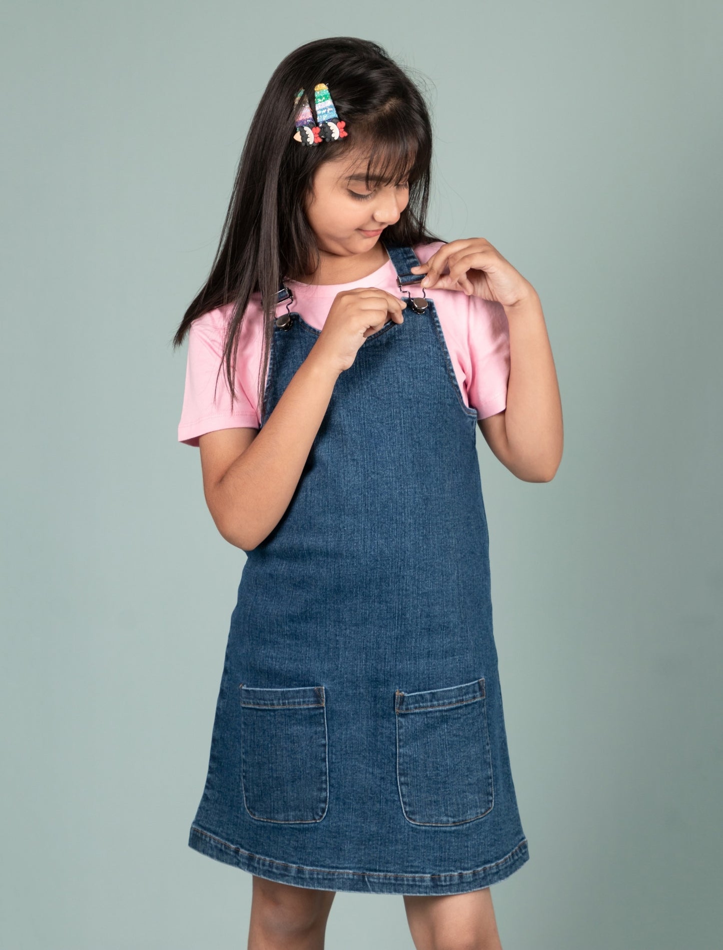 Girls Classic Denim Pinafore Dress (Blue) - Tweeny Mini