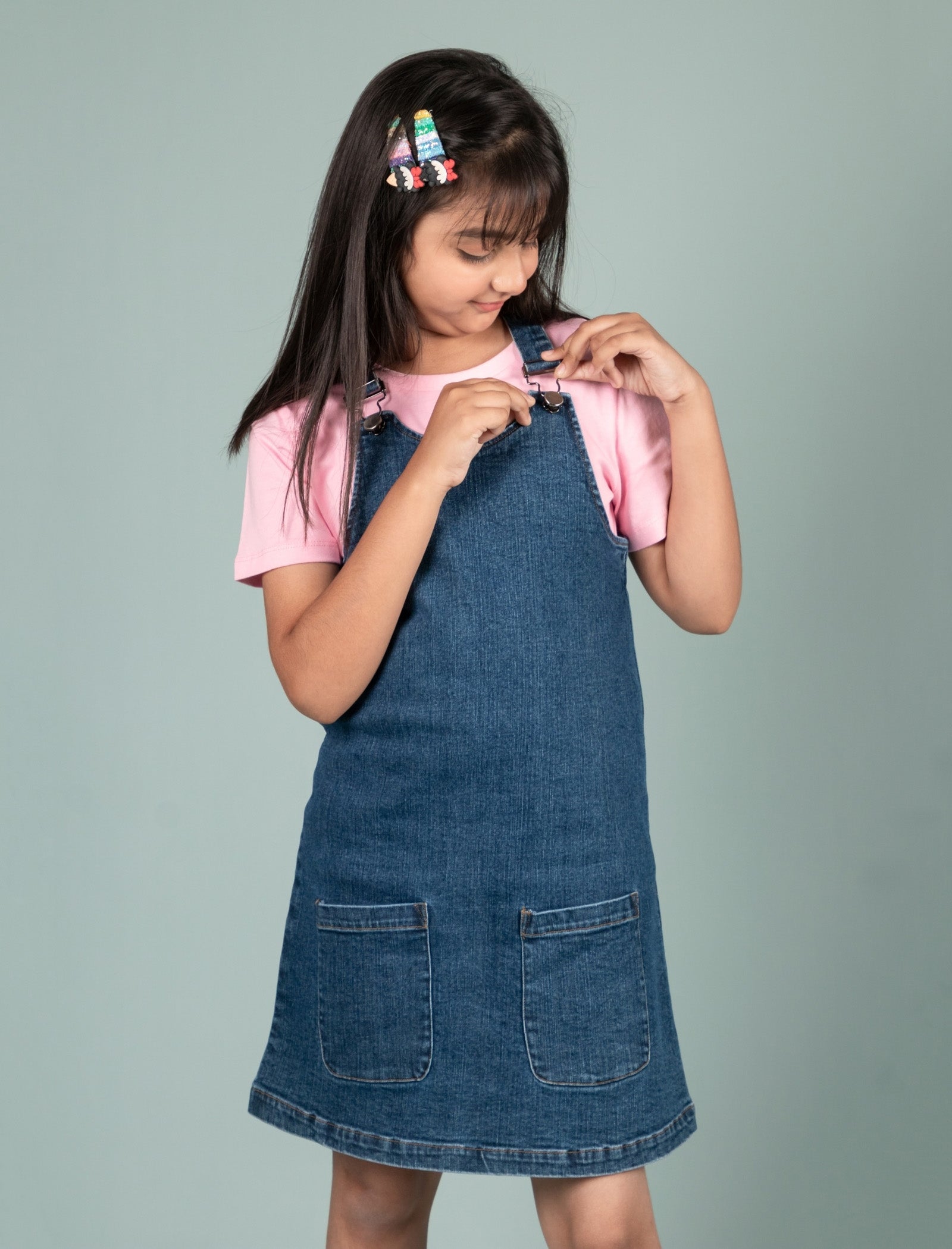 Girls Classic Denim Pinafore Dress (Blue) - Tweeny Mini
