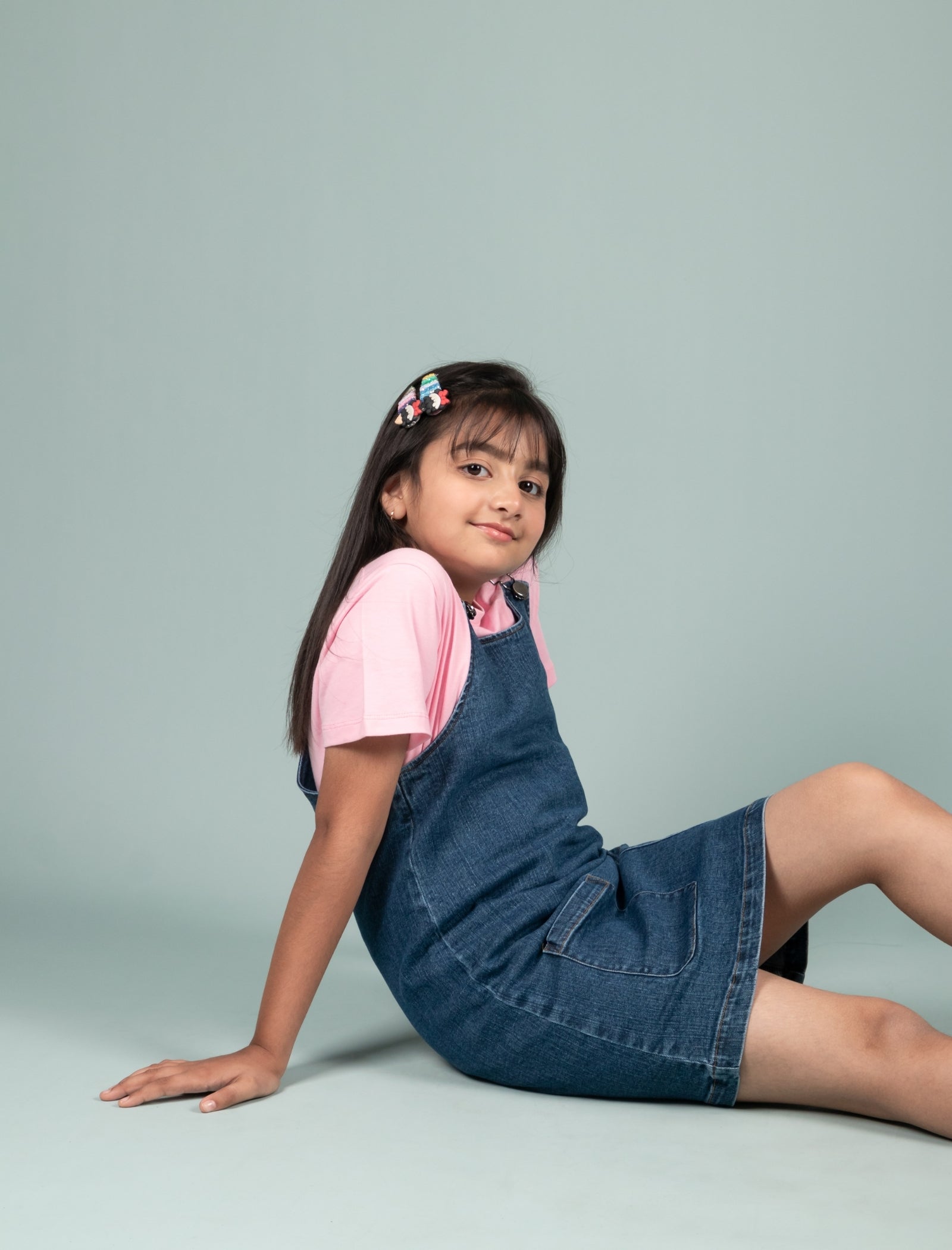 Sitting Small Girl Jeans Dress Denim Shirt Denim Pinafore Dress
