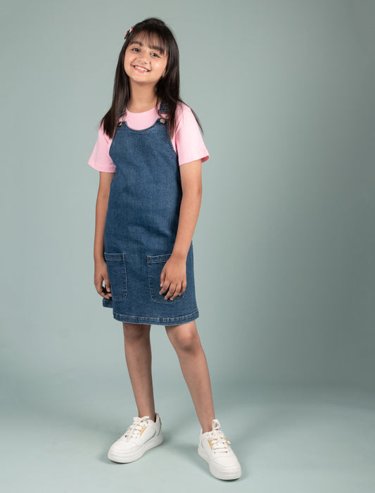 Classic Denim Pinafore Dress for Kids Girls with T-shirt (Blue) - Tweeny Mini