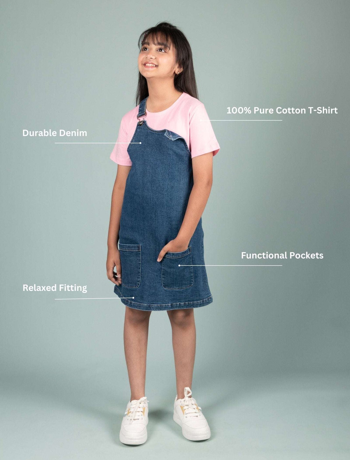 Classic Denim Pinafore Dress for Kids Girls with T-shirt (Blue) - Tweeny Mini