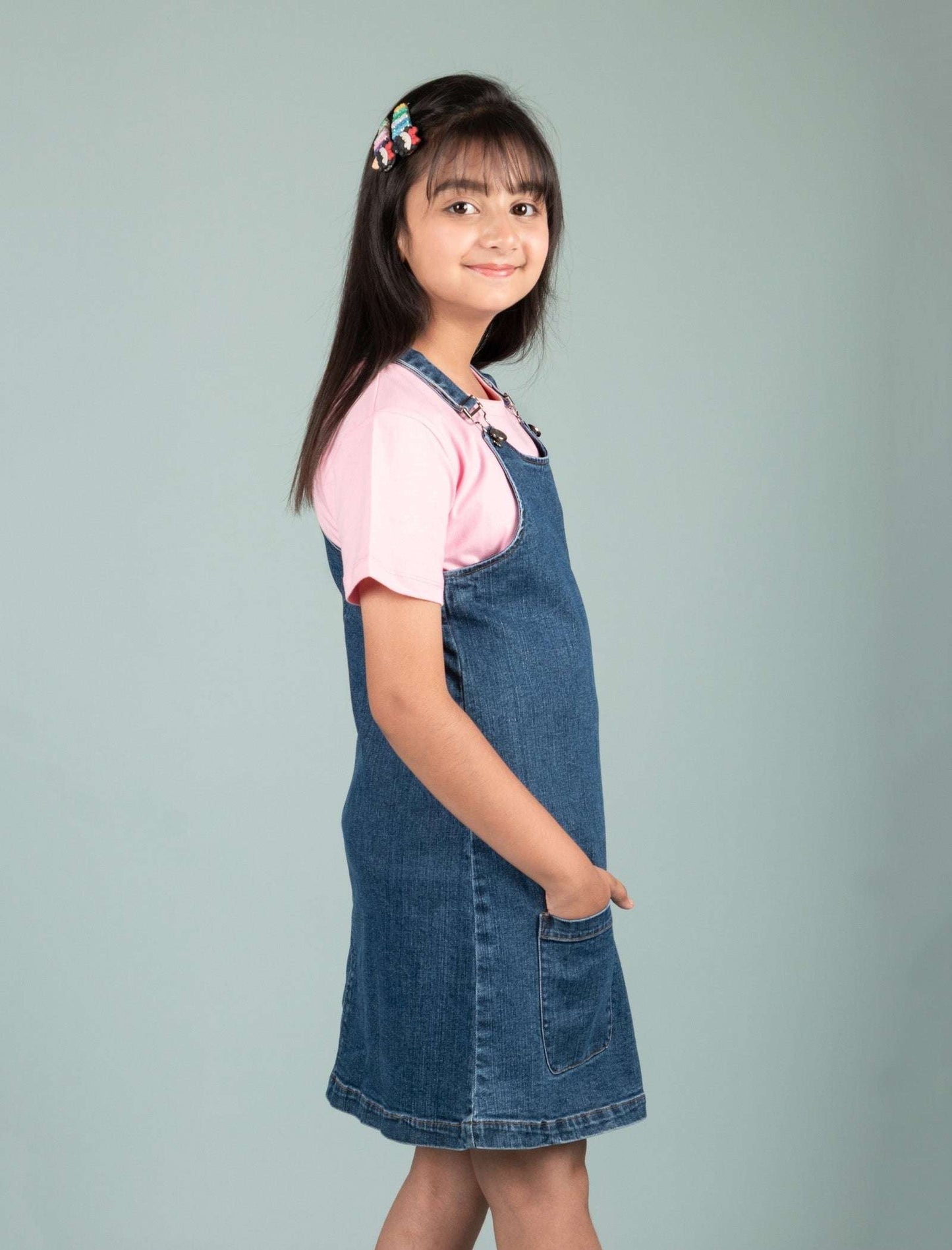 Classic Denim Pinafore Dress for Kids Girls with T-shirt (Blue) - Tweeny Mini