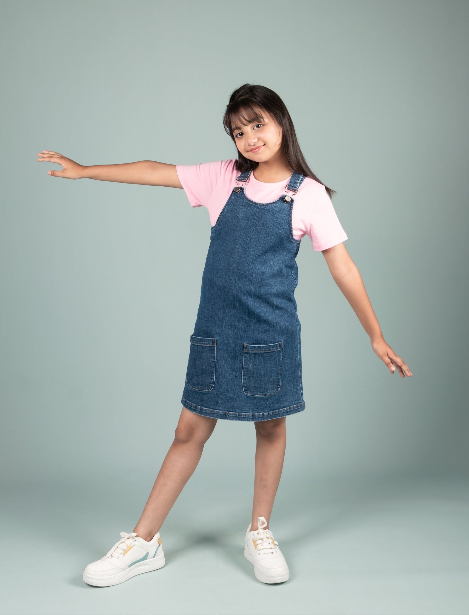 Classic Denim Pinafore Dress for Kids Girls with T-shirt (Blue) - Tweeny Mini