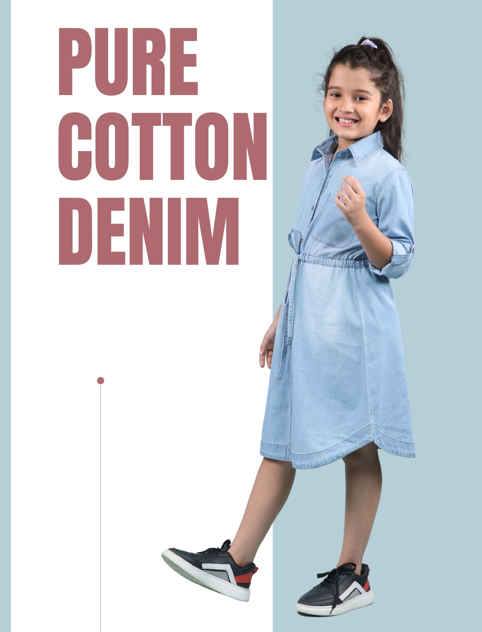 Long Sleeves Denim Shirt Dress for Girls Kids (Light Blue) - Tweeny Mini