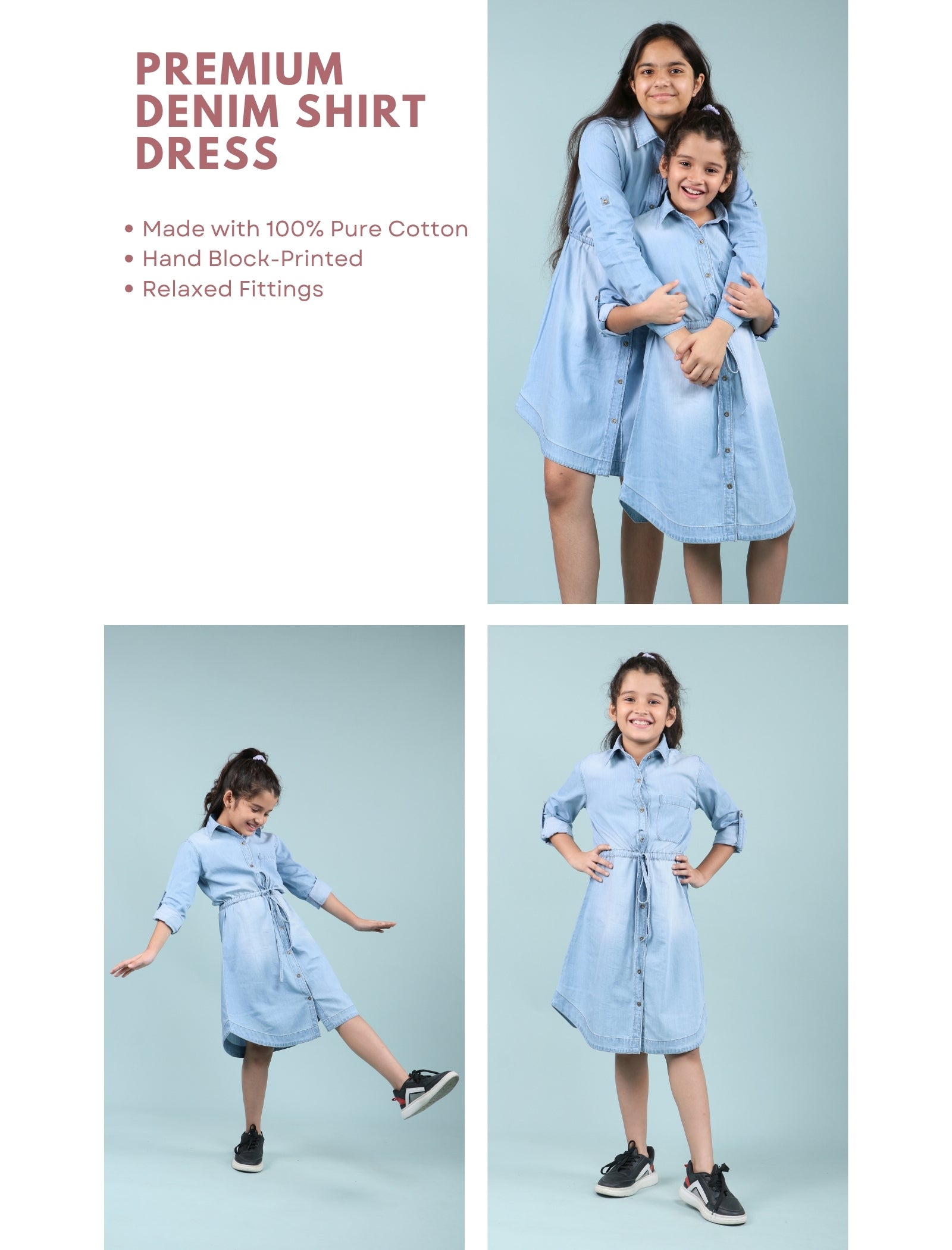 Long Sleeves Denim Shirt Dress for Girls Kids (Light Blue) - Tweeny Mini