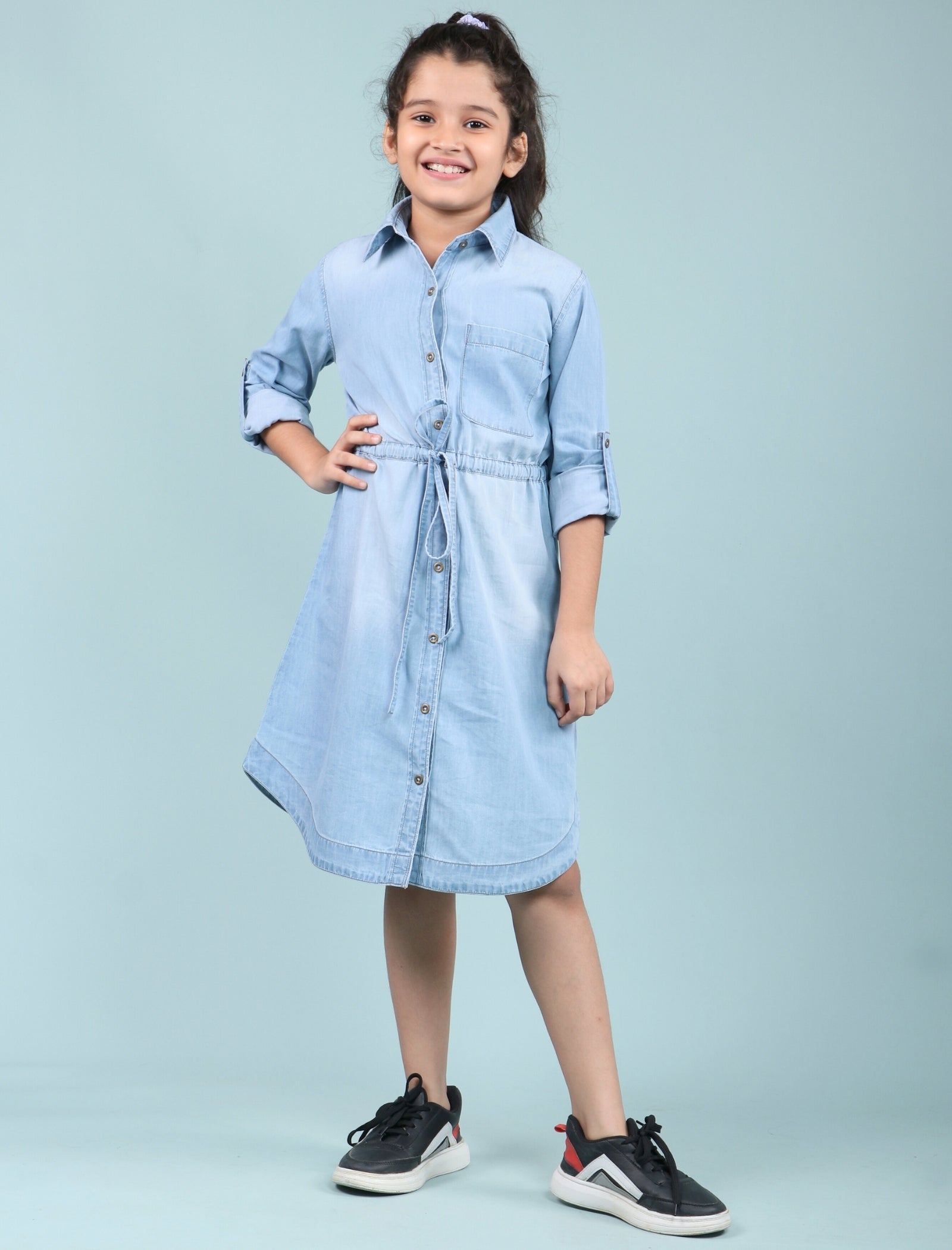 Long Sleeves Denim Shirt Dress for Girls Kids (Light Blue) - Tweeny Mini