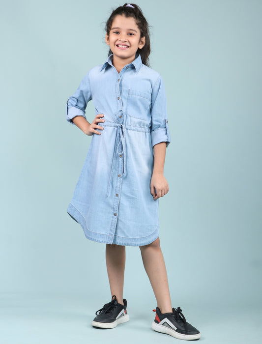 Long Sleeves Denim Shirt Dress for Girls Kids (Light Blue) - Tweeny Mini