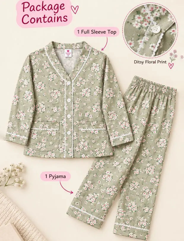 Pure Rayon Floral Nightsuit for Girls Kids (Full Sleeves, Green)