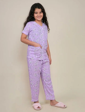 Lavender Floral Rayon Night Suit for Girls