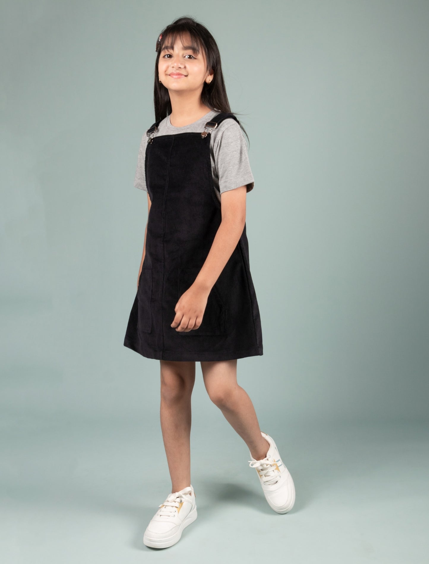Classic Corduroy Pinafore Dress for Kids Girls with T-shirt (Black) - Tweeny Mini