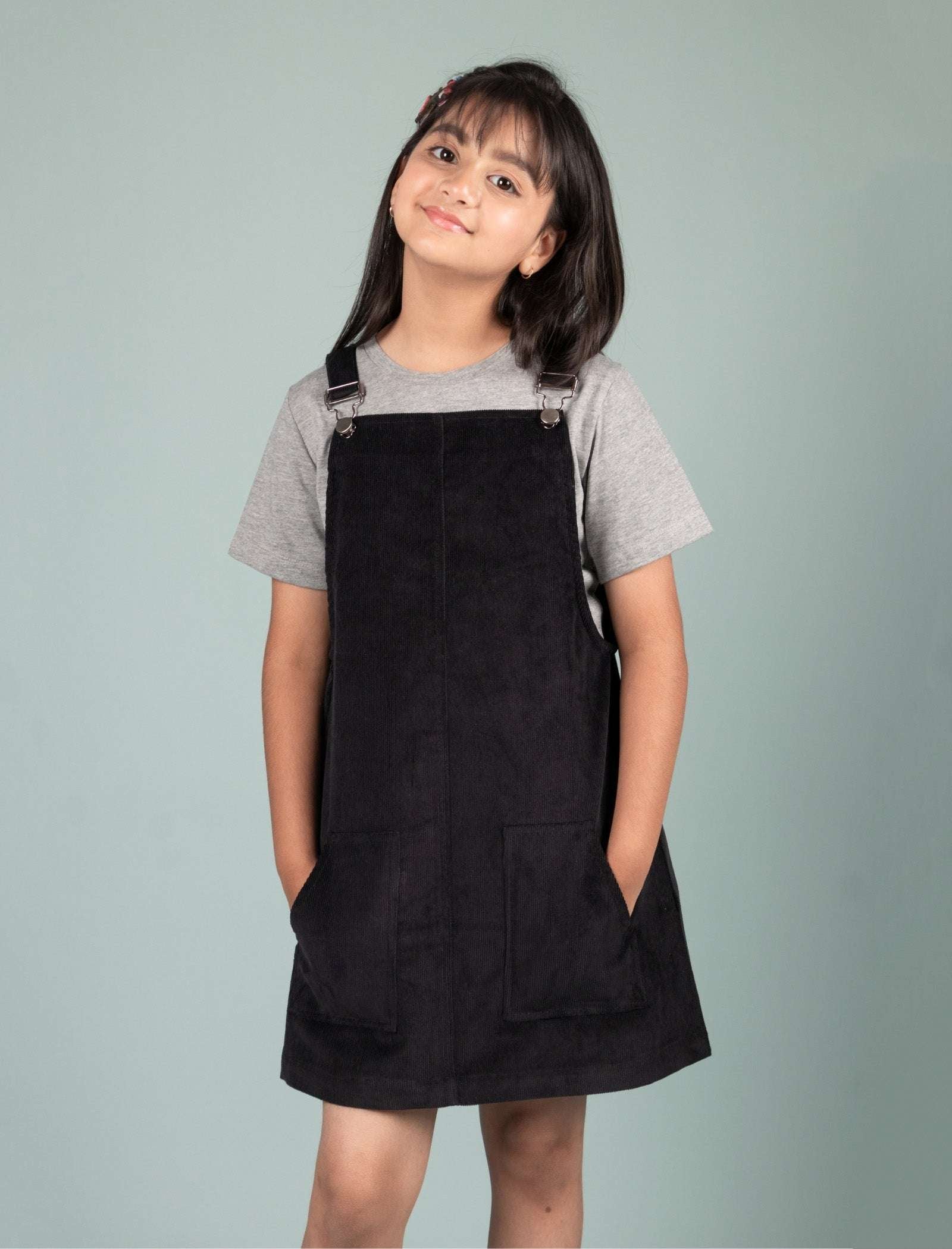Classic Corduroy Pinafore Dress for Kids Girls with T-shirt (Black) - Tweeny Mini