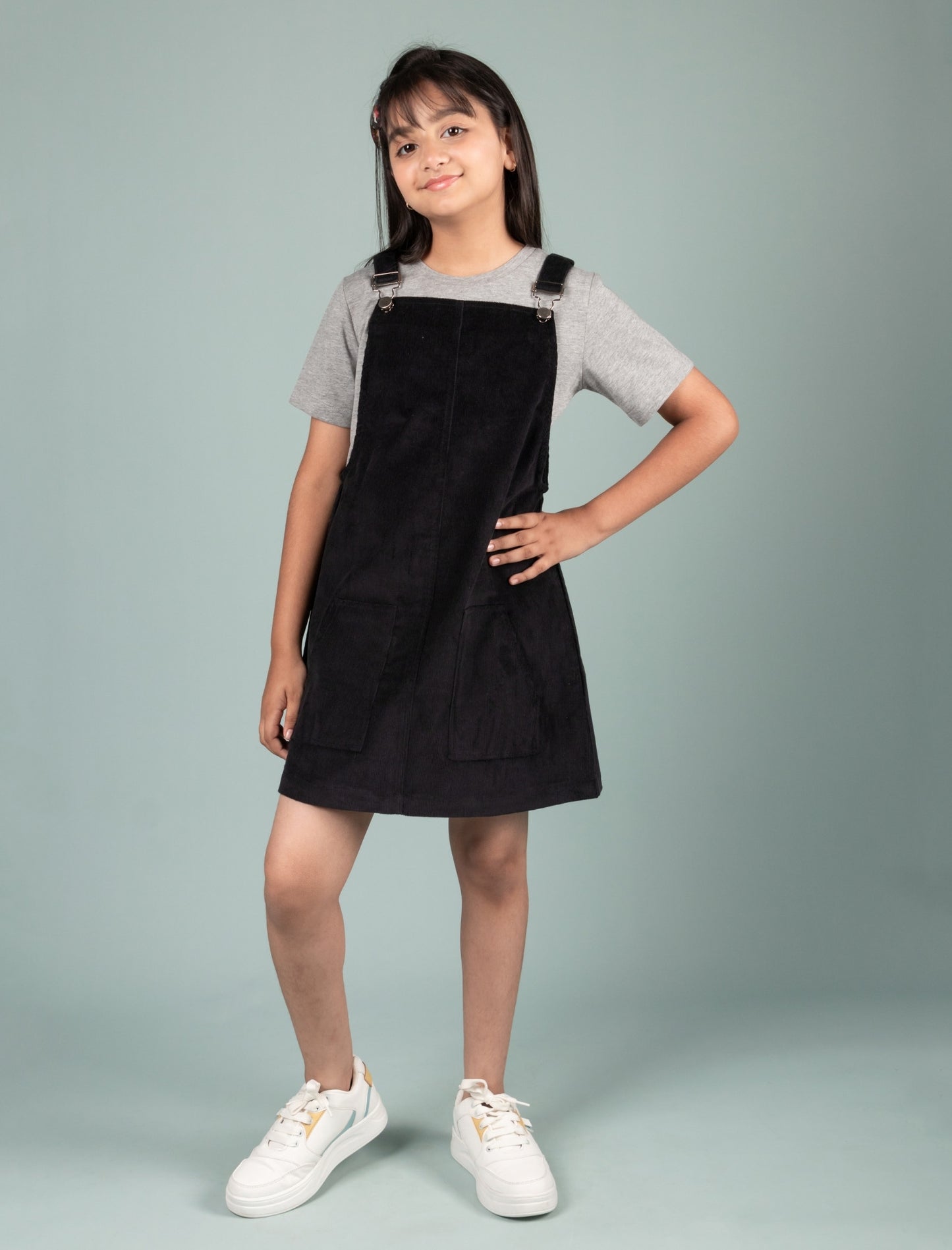Classic Corduroy Pinafore Dress for Kids Girls with T-shirt (Black) - Tweeny Mini