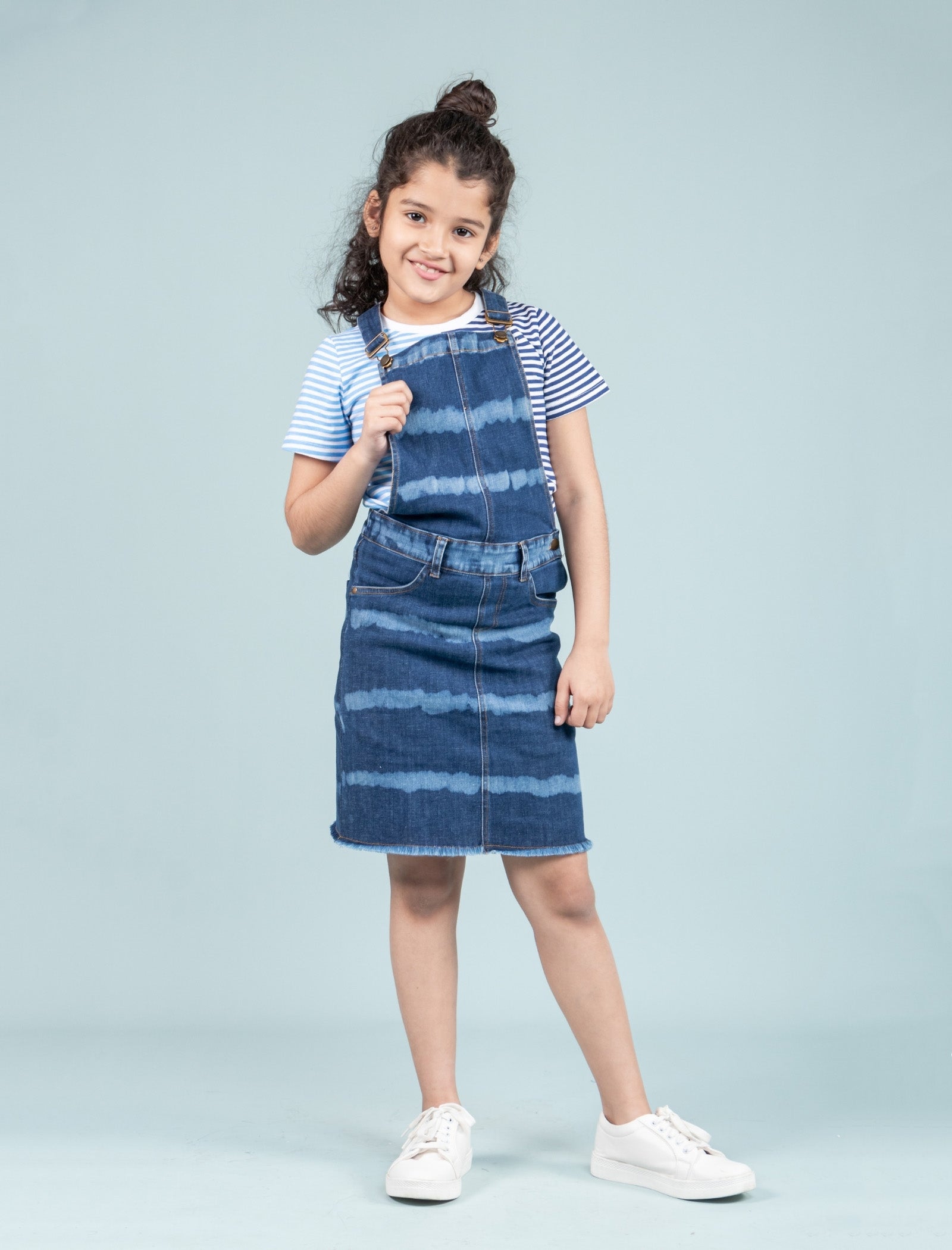 Girls Kids Tie Dye Denim Dungaree Dress with Half Sleeve T-shirt (Dark Blue) - Tweeny Mini