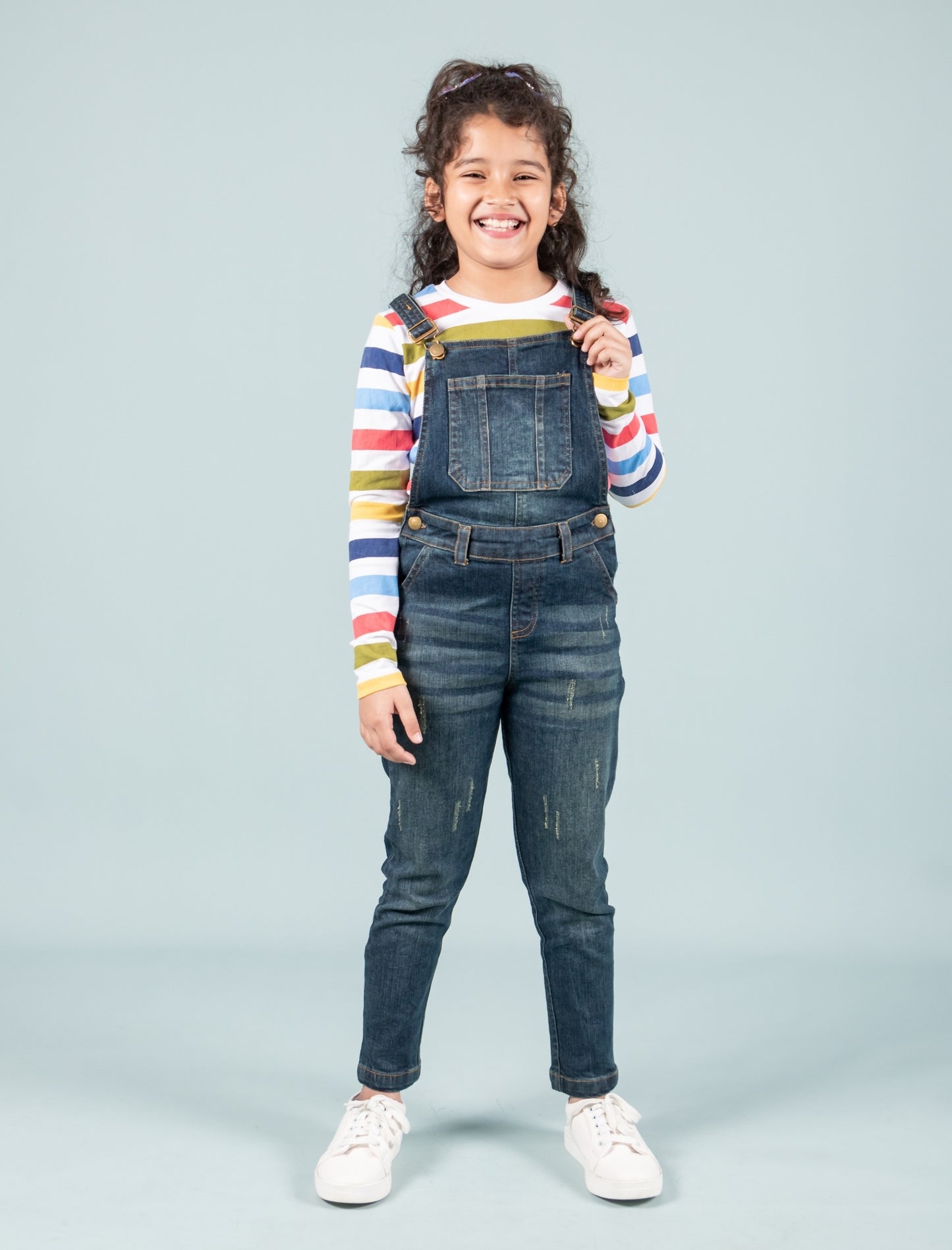 Girls Denim Dungaree with T-Shirt Full Sleeve Combo Set (Dark Blue) - Tweeny Mini