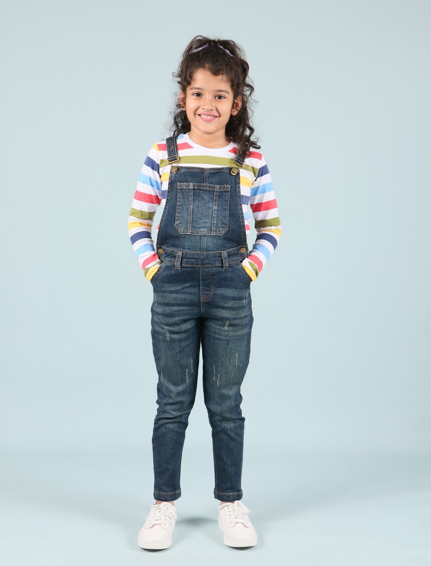 Girls Denim Dungaree with T-Shirt Full Sleeve Combo Set (Dark Blue) - Tweeny Mini