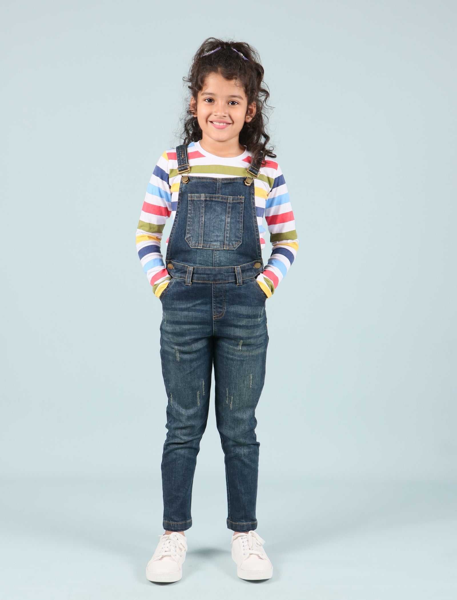 Girls Denim Dungaree with T-Shirt Full Sleeve Combo Set (Dark Blue) - Tweeny Mini