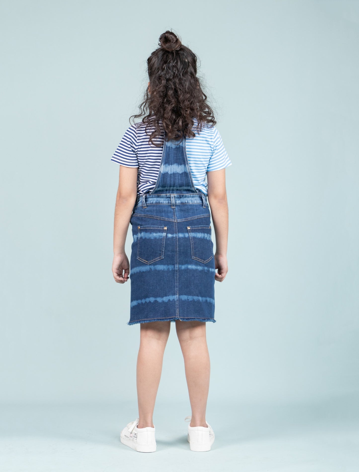 Girls Kids Tie Dye Denim Dungaree Dress with Half Sleeve T-shirt (Dark Blue) - Tweeny Mini