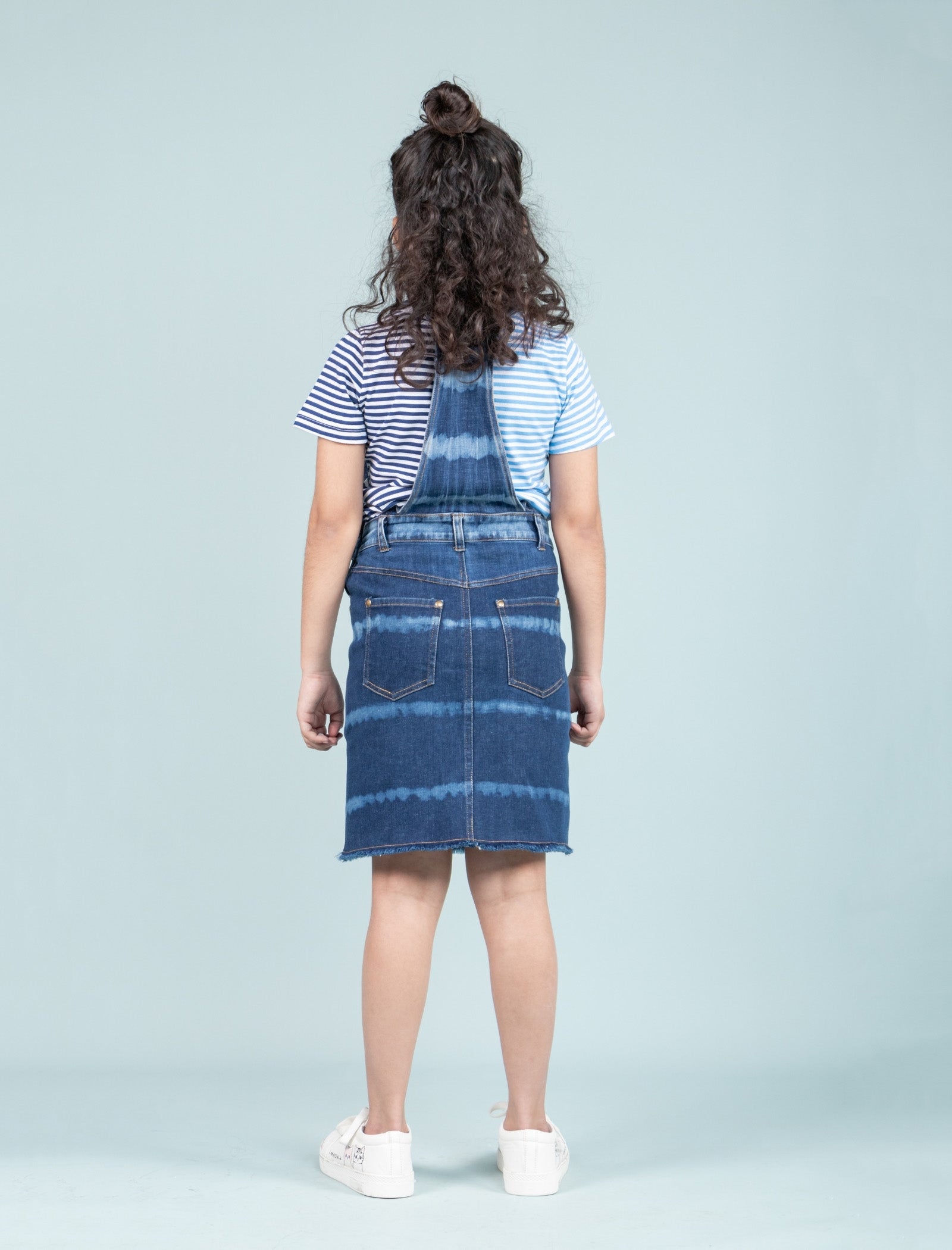 Girls Kids Tie Dye Denim Dungaree Dress with Half Sleeve T-shirt (Dark Blue) - Tweeny Mini