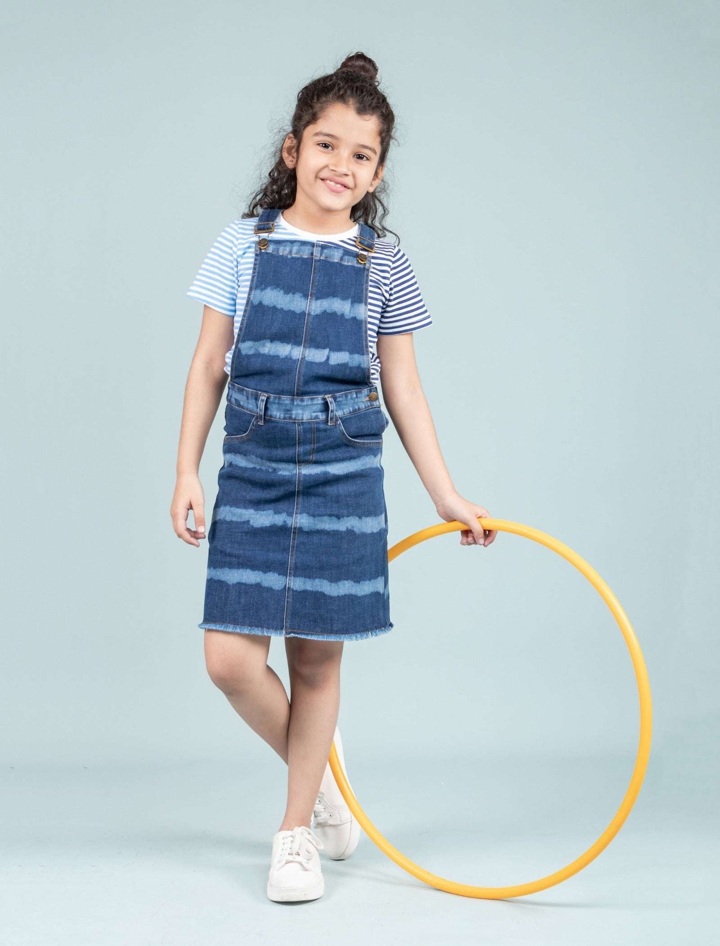 Girls Kids Tie Dye Denim Dungaree Dress with Half Sleeve T-shirt (Dark Blue) - Tweeny Mini