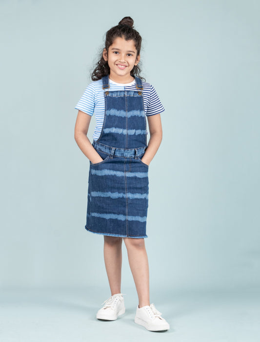 Girls Kids Tie Dye Denim Dungaree Dress with Half Sleeve T-shirt (Dark Blue) - Tweeny Mini