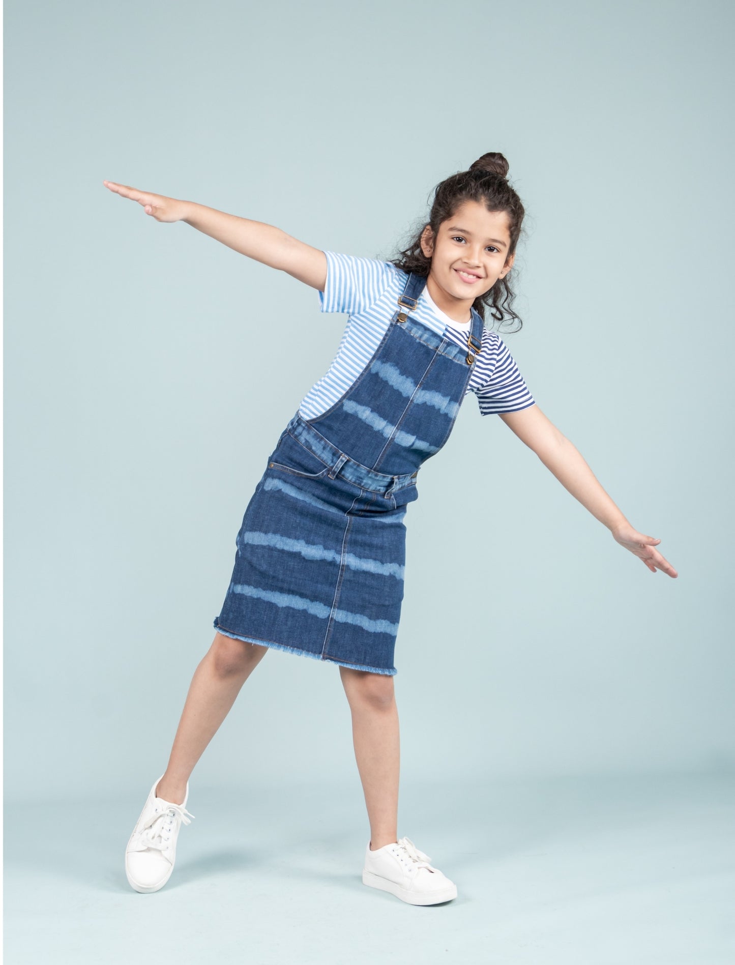 Girls Kids Tie Dye Denim Dungaree Dress with Half Sleeve T-shirt (Dark Blue) - Tweeny Mini