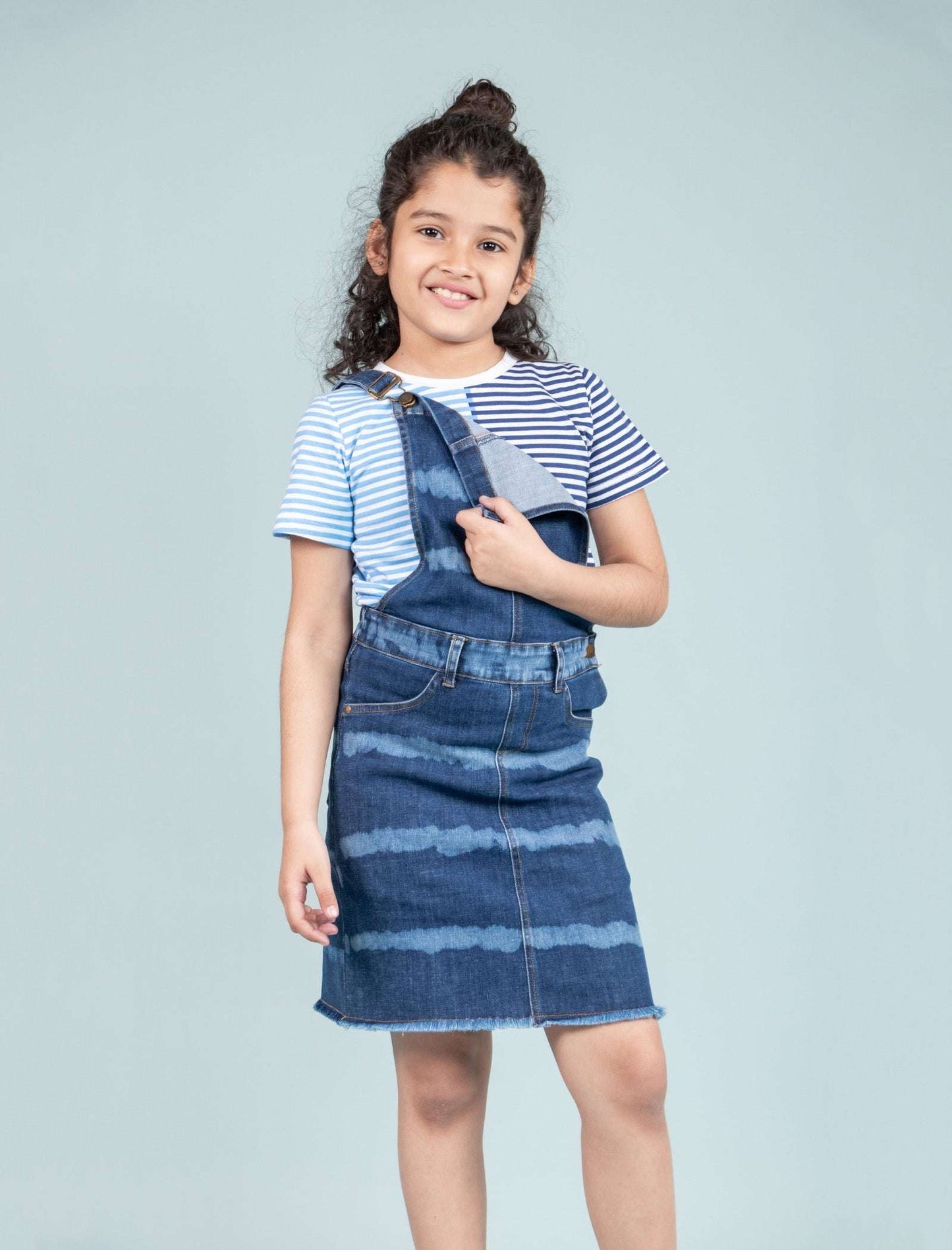 Girls Kids Tie Dye Denim Dungaree Dress with Half Sleeve T-shirt (Dark Blue) - Tweeny Mini