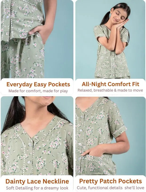 Pure Rayon Floral Night Dress for Girls Kids (Half Sleeve, Green)