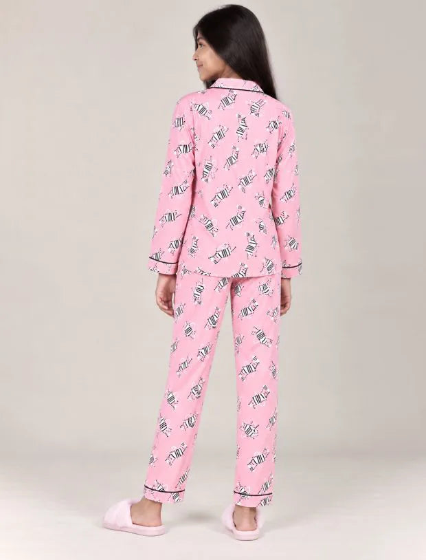 Dancing Zebra Printed Best Sleepwear for Girls Kids Pyjama Set (Full Sleeves, Pink)
