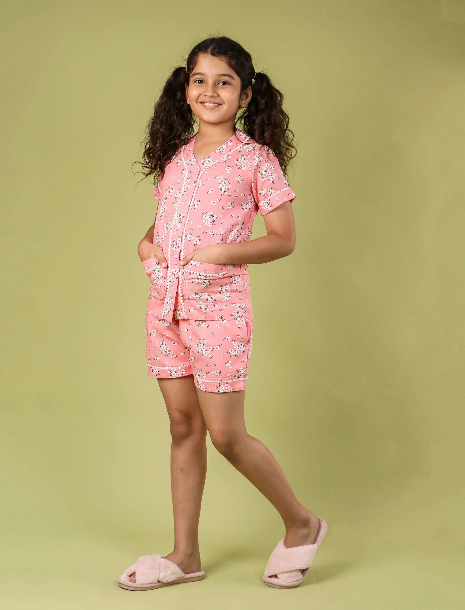 Pure Rayon Floral Nightdress for Kids Girls (Peach) - Tweeny Mini