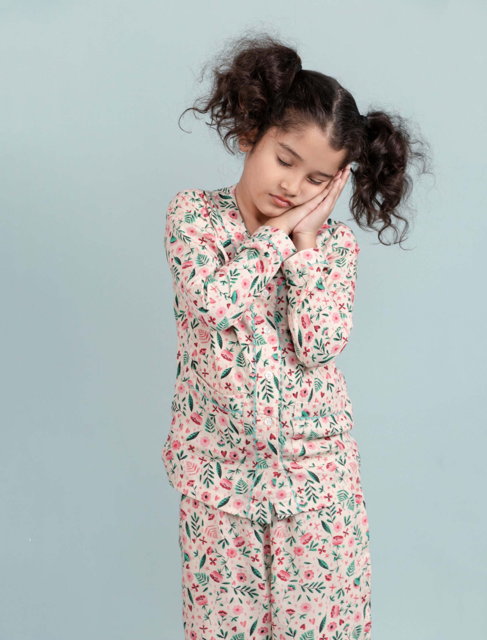 Pure Rayon Floral Night Suit for Girls Kids with Pyjama Set (Full Sleeves, Beige) - Tweeny Mini