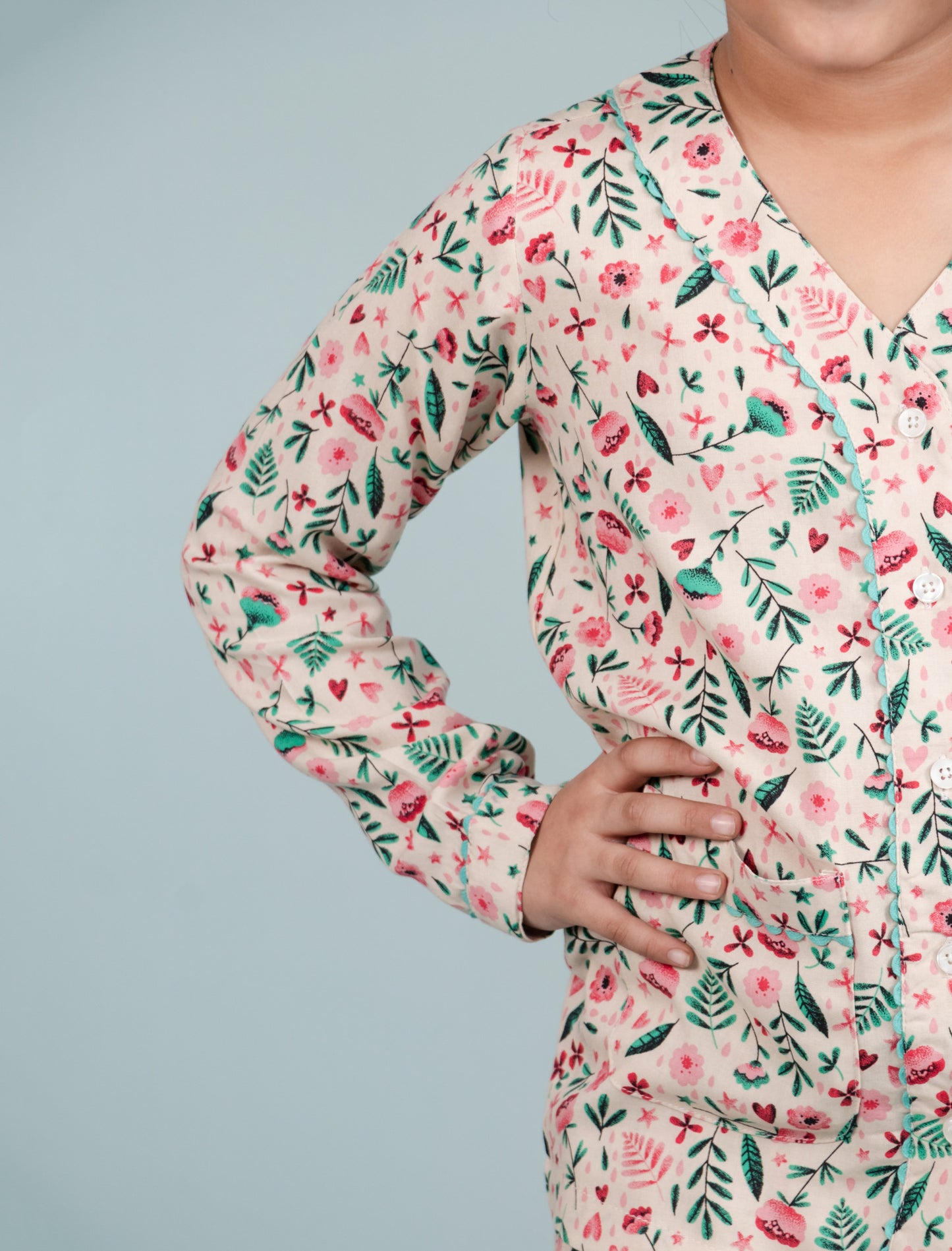 Pure Rayon Floral Night Suit for Girls Kids with Pyjama Set (Full Sleeves, Beige) - Tweeny Mini