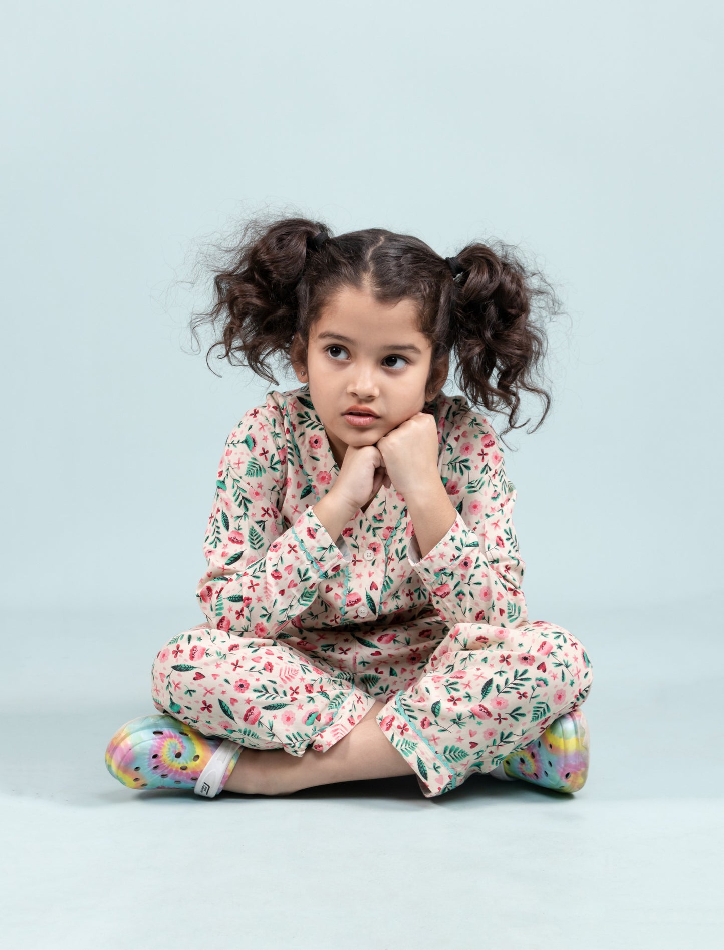 Pure Rayon Floral Night Suit for Girls Kids with Pyjama Set (Full Sleeves, Beige) - Tweeny Mini