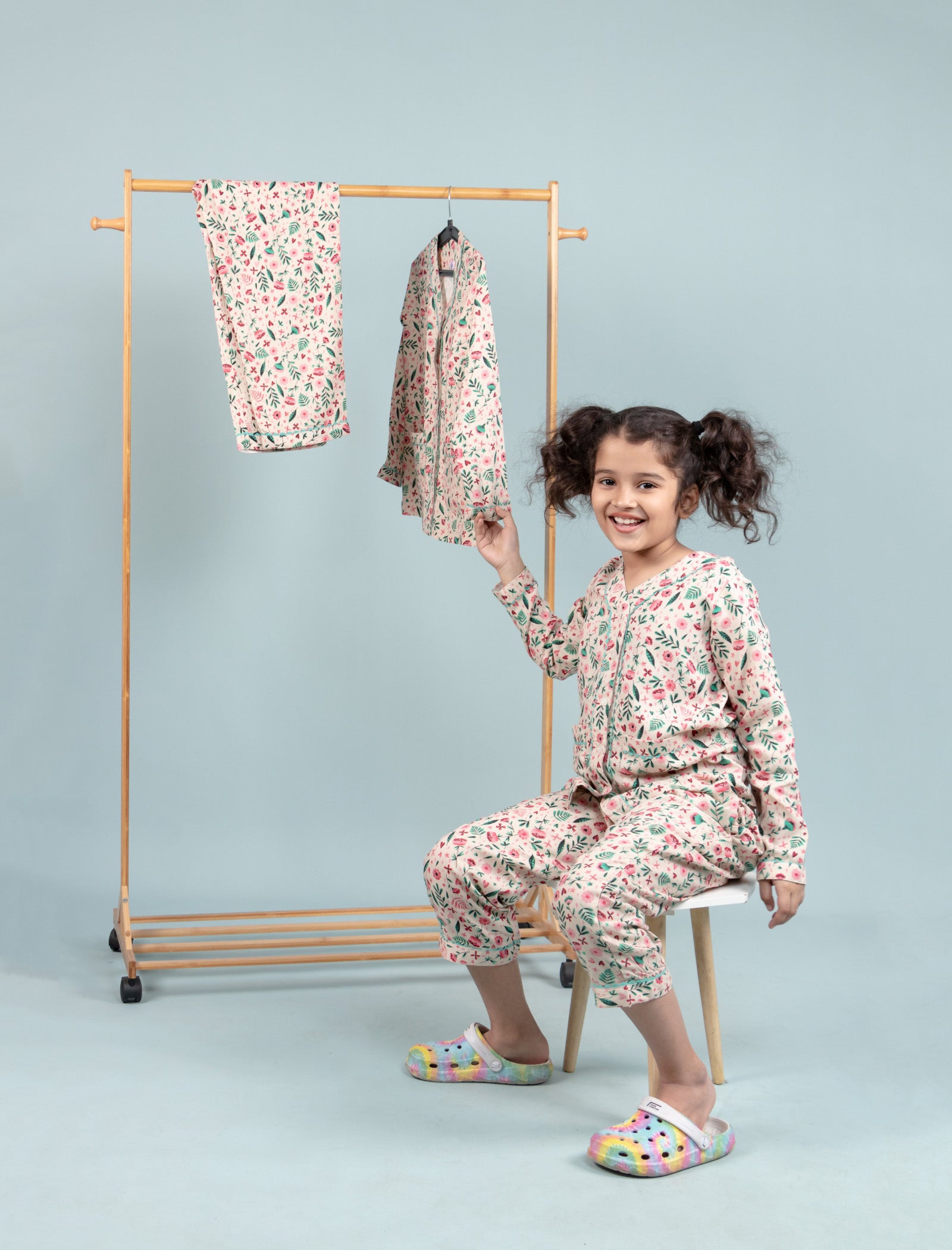 Pure Rayon Floral Night Suit for Girls Kids with Pyjama Set (Full Sleeves, Beige) - Tweeny Mini
