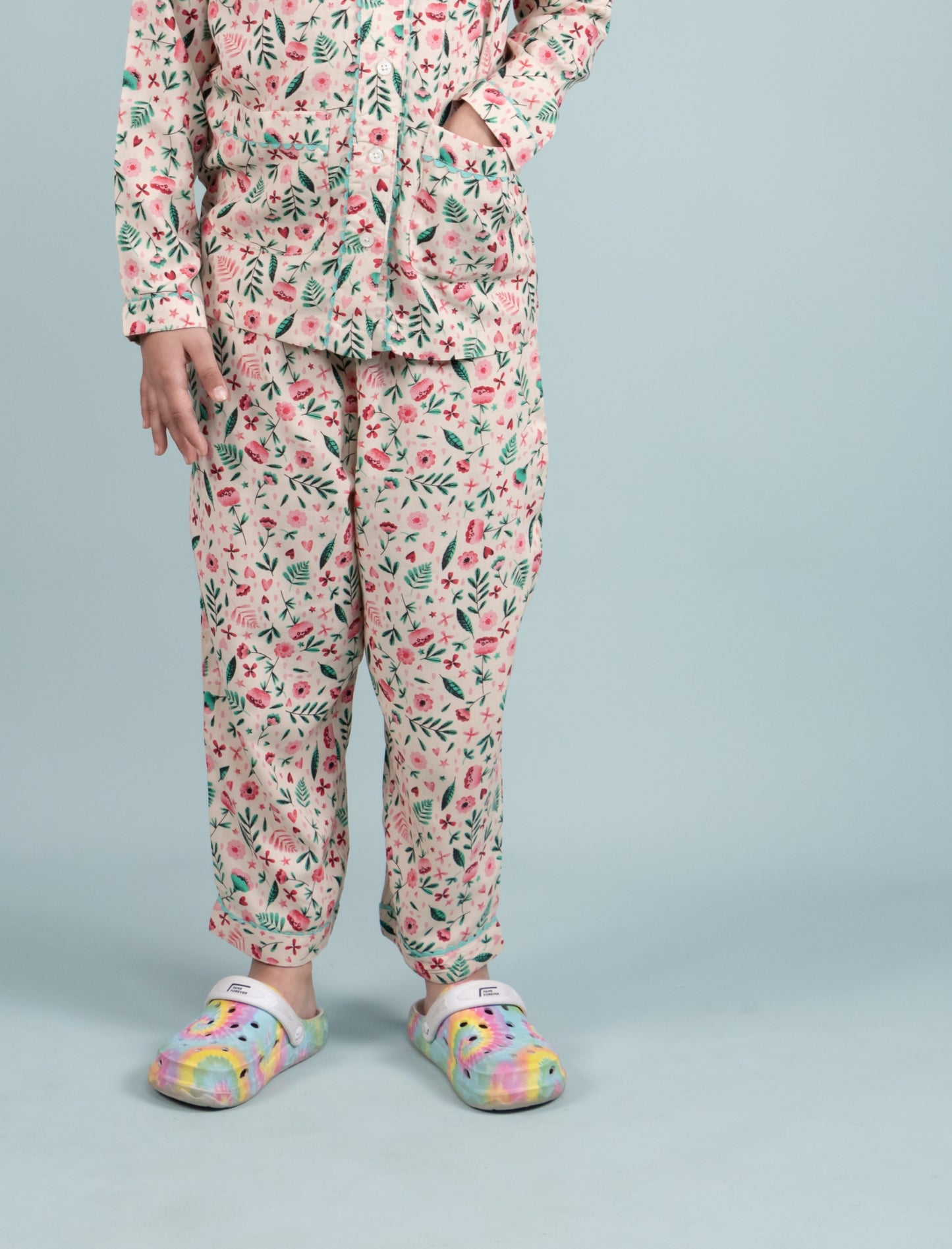 Pure Rayon Floral Night Suit for Girls Kids with Pyjama Set (Full Sleeves, Beige) - Tweeny Mini