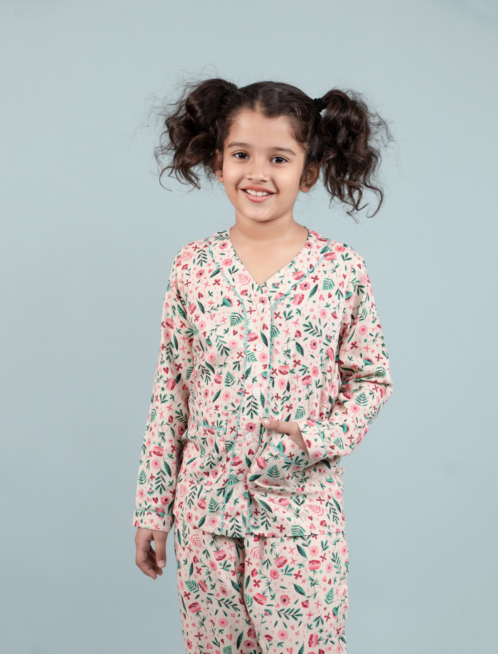 Pure Rayon Floral Night Suit for Girls Kids with Pyjama Set (Full Sleeves, Beige) - Tweeny Mini