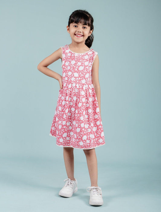 Hand Block Floral Printed Frock for Girls Kids (Red) - Tweeny Mini
