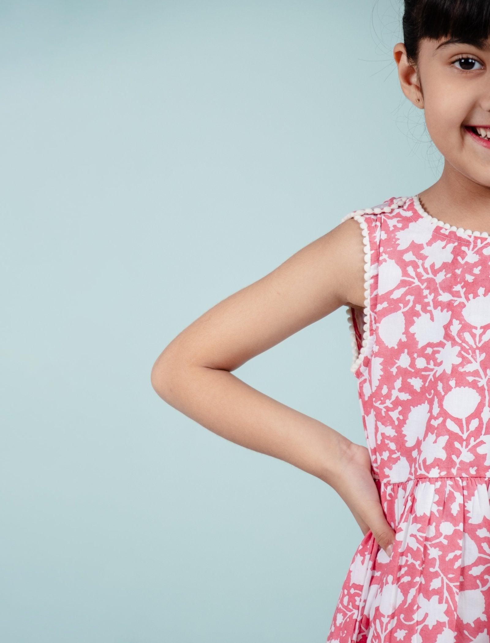 Hand Block Floral Printed Frock for Girls Kids (Red) - Tweeny Mini