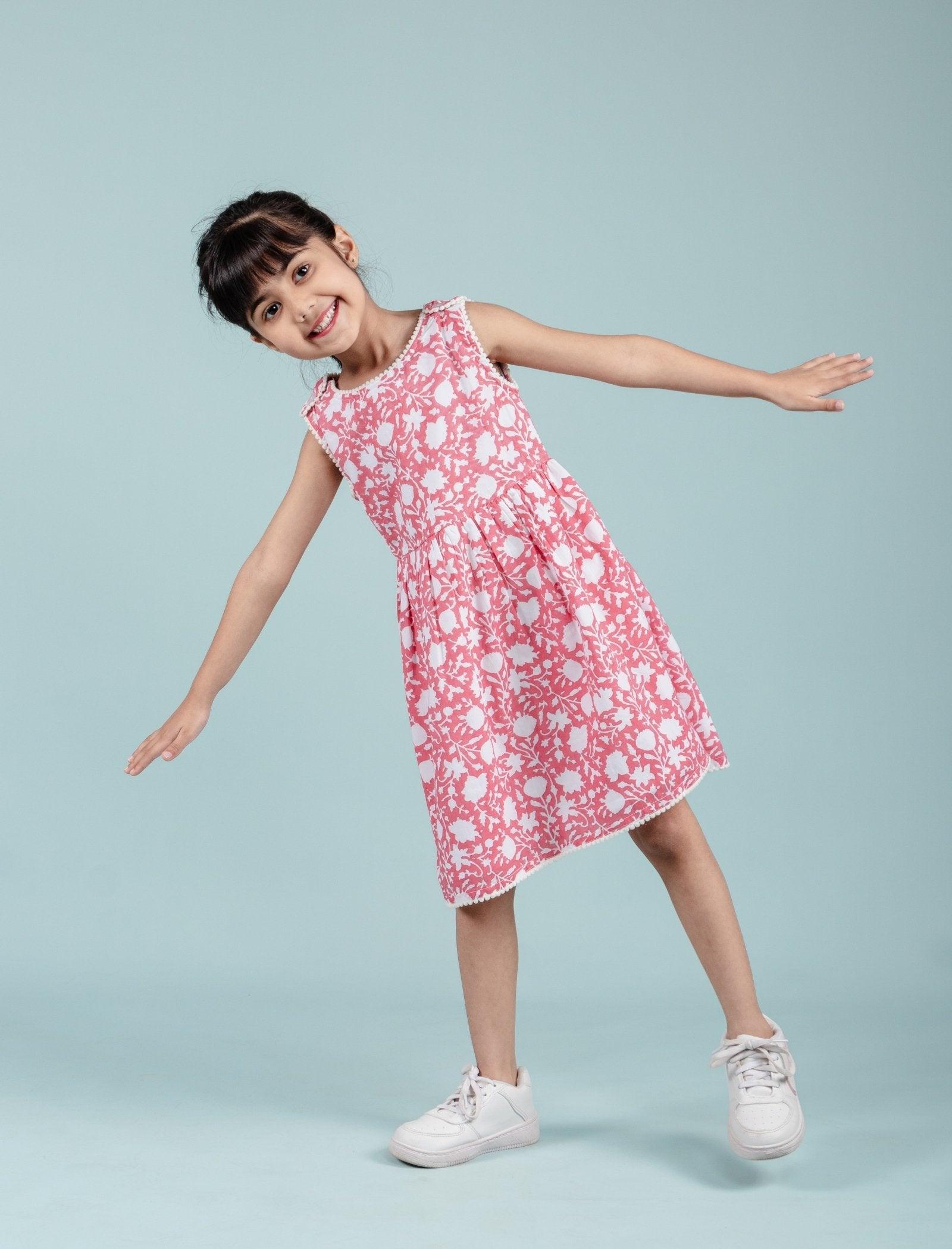 Hand Block Floral Printed Frock for Girls Kids (Red) - Tweeny Mini