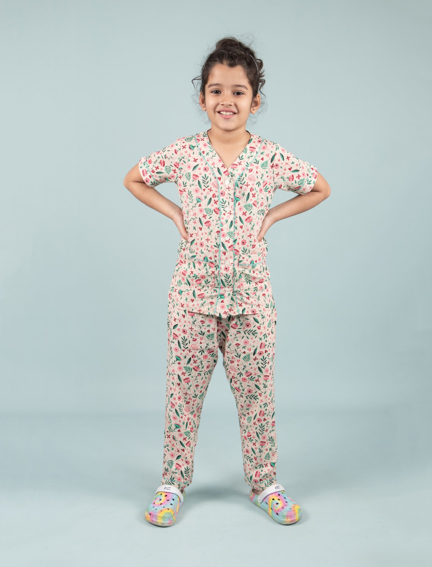 Pure Rayon Floral Printed Night Dress for Girls Kids with Pyjama Set (Half Sleeve, Beige) - Tweeny Mini