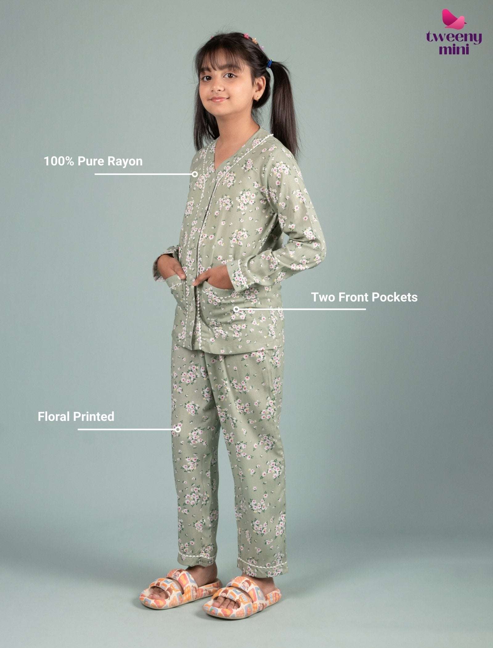 Pure Rayon Floral Nightsuit for Girls Kids (Full Sleeves, Green) - Tweeny Mini