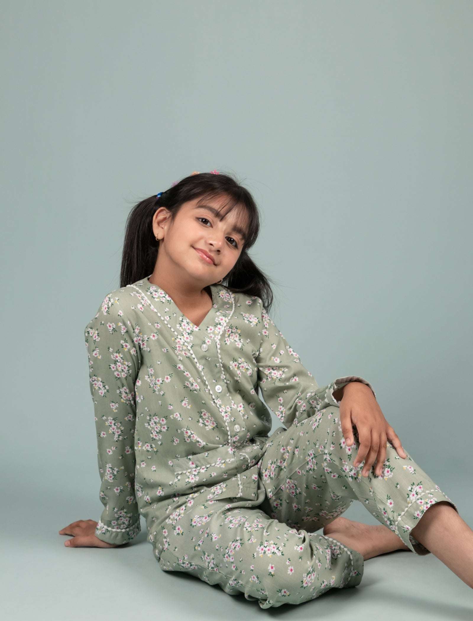 Pure Rayon Floral Nightsuit for Girls Kids (Full Sleeves, Green) - Tweeny Mini