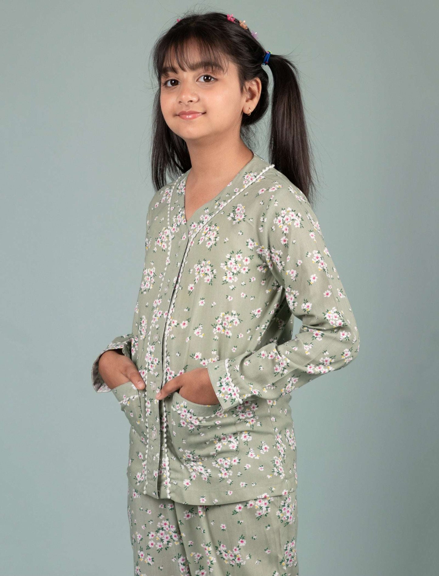 Pure Rayon Floral Nightsuit for Girls Kids (Full Sleeves, Green) - Tweeny Mini