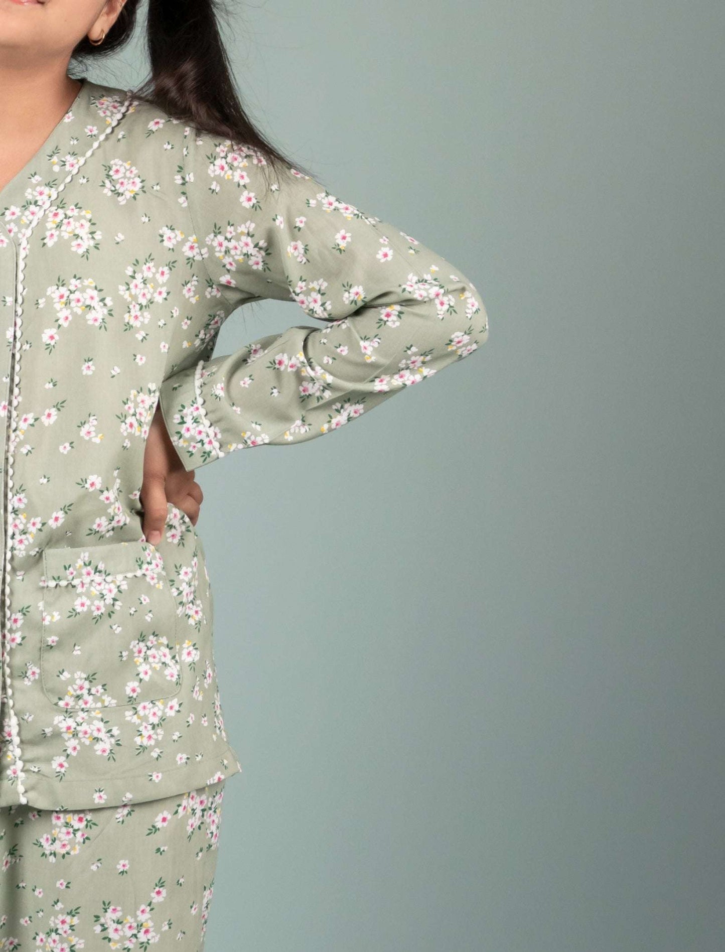 Pure Rayon Floral Nightsuit for Girls Kids (Full Sleeves, Green) - Tweeny Mini