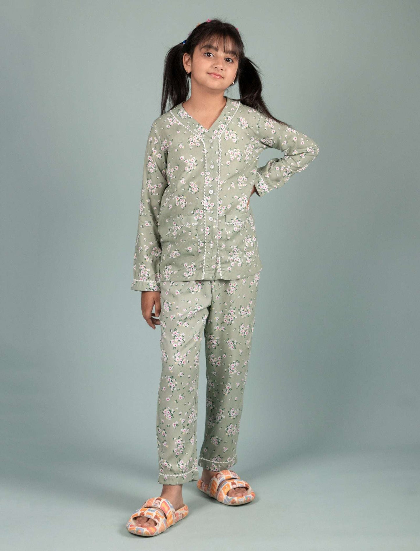 Pure Rayon Floral Nightsuit for Girls Kids (Full Sleeves, Green) - Tweeny Mini